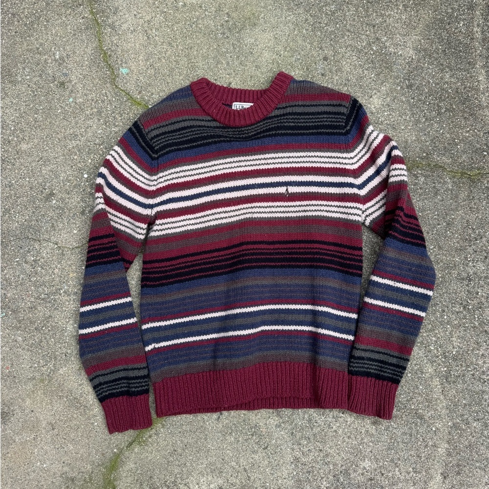 L.L.Bean 100% Lambswool Striped Sweater Mens Small Red Blue Wool Crewneck